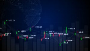 Candlestick graph chart with digital data, uptrend or down trend of price of stock market or stock exchange trading, investment and financial concept.